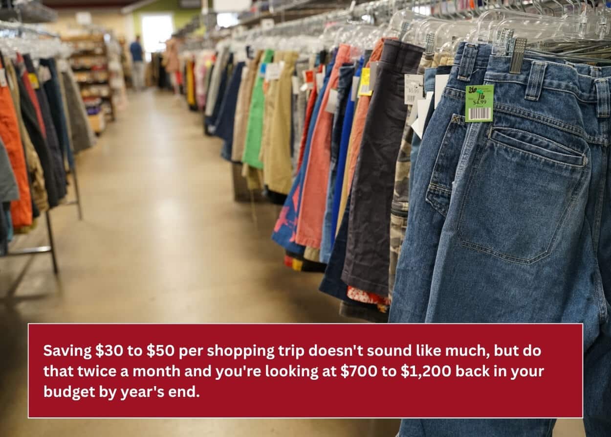 Rows of affordable clothing available for sale inside a thrift store.
