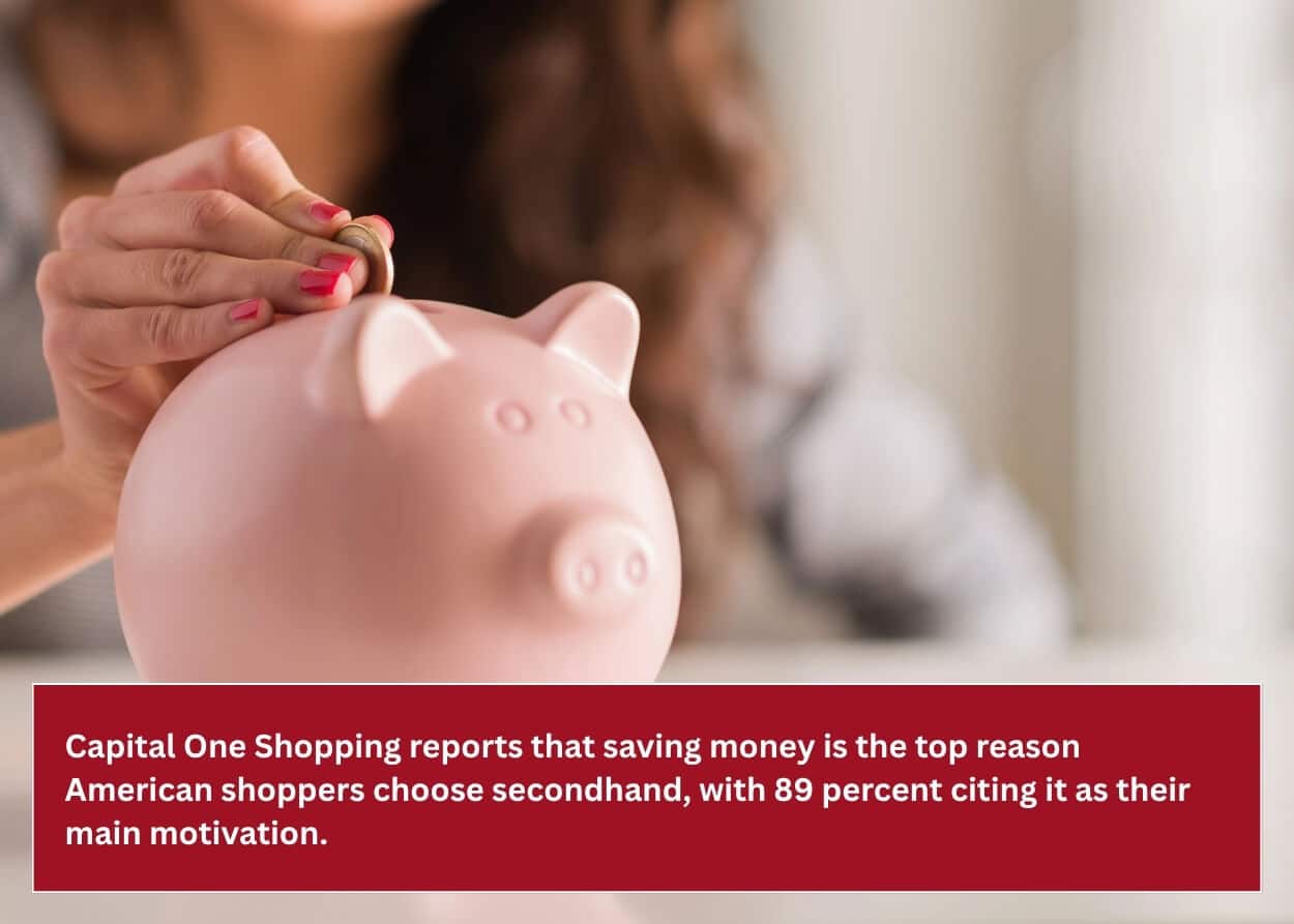 Person placing a coin into a pink piggy bank to illustrate saving money by shopping at thrift stores.